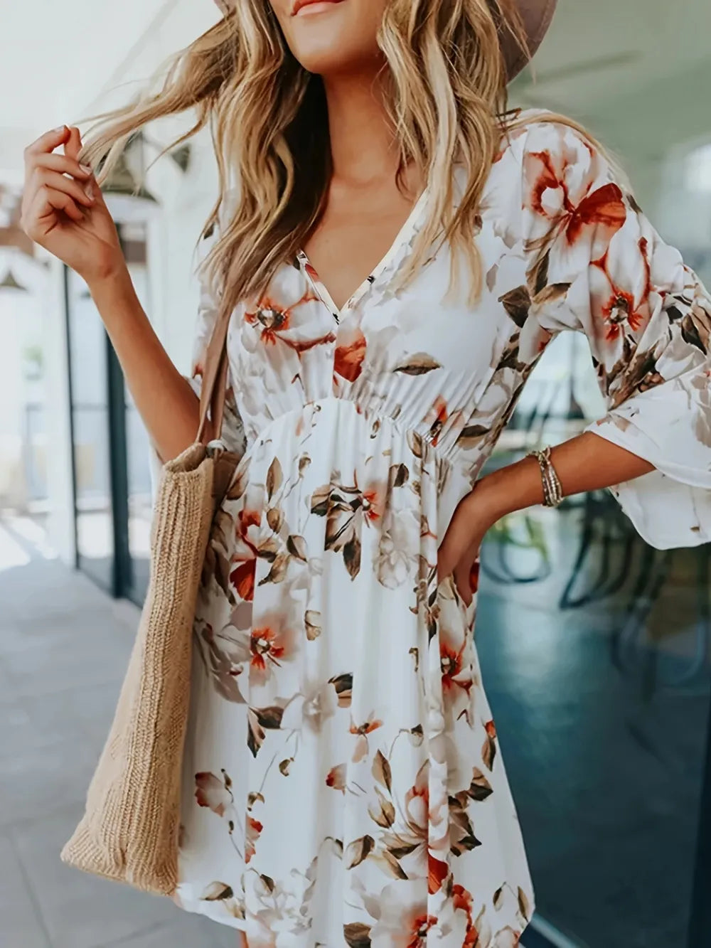 Floral V-Neck Three-Quarter Sleeve Mini Dress – Trendsi | ClozArt