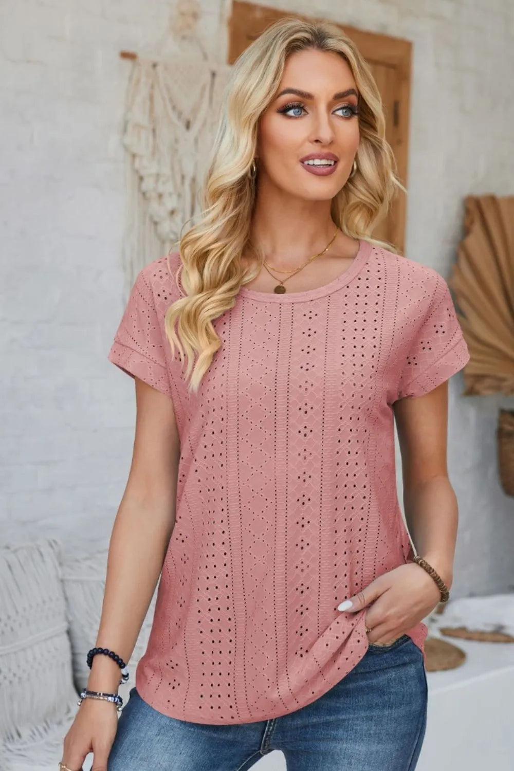 Eyelet Round Neck Rolled Short Sleeve T-Shirt – Trendsi | ClozArt
