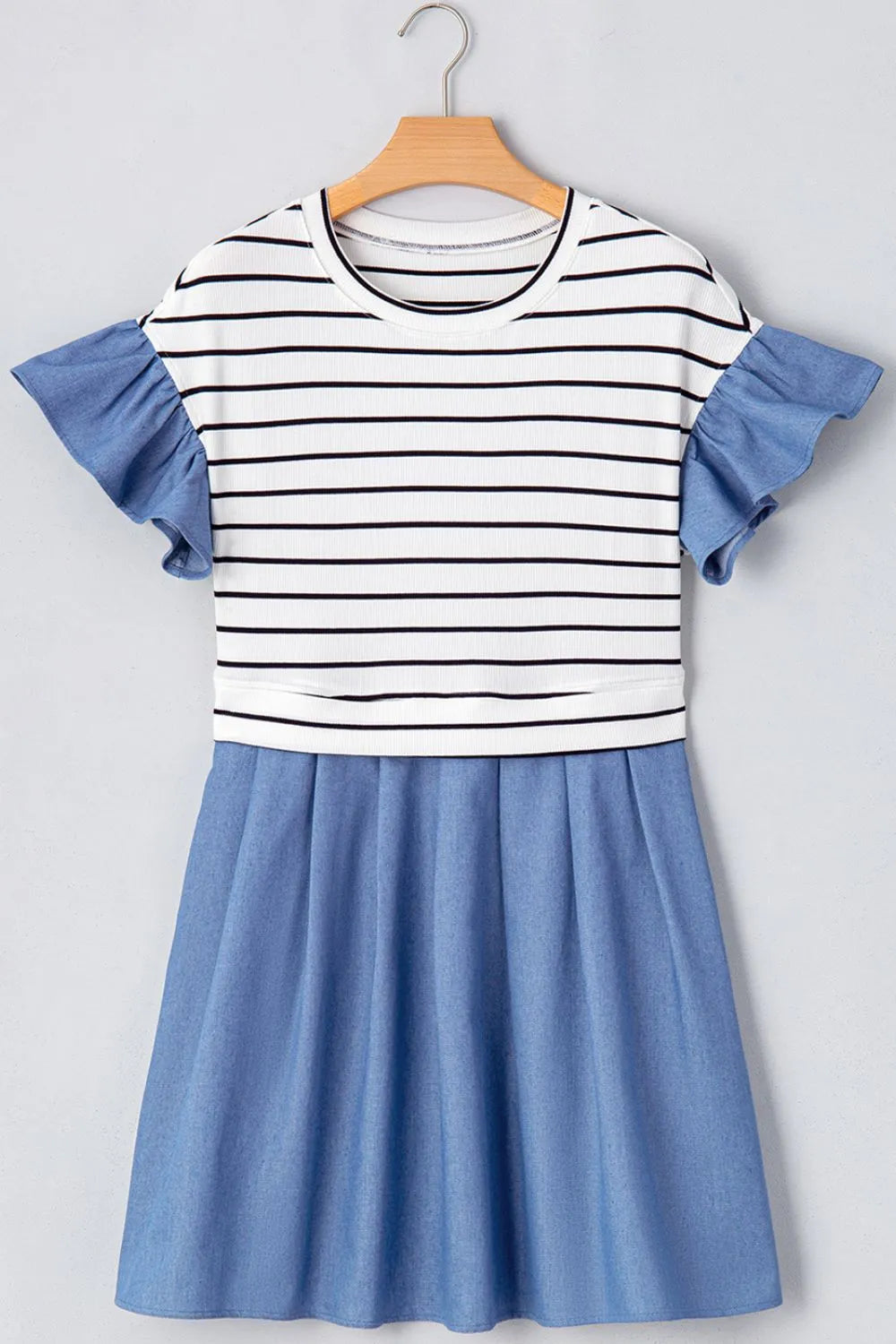 Stripe Ruffle Denim Patchwork Round Neck Mini Dress – Trendsi | ClozArt