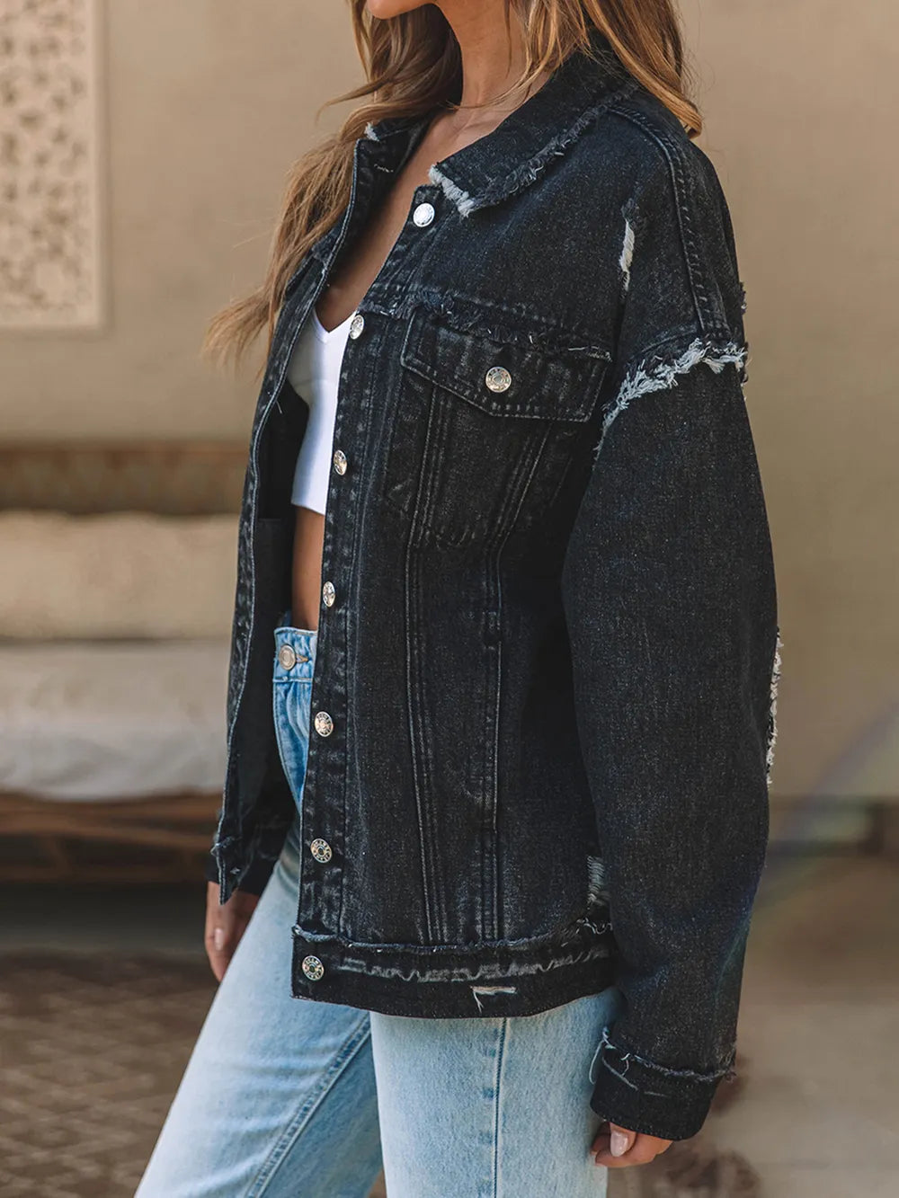 Button Up Raw Hem Distressed Denim Jacket – Trendsi | ClozArt