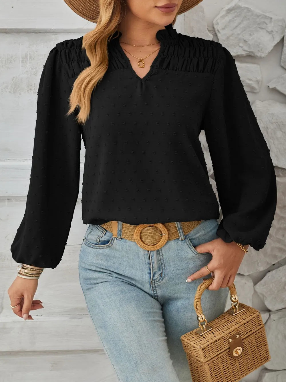 Ruched Swiss Dot Notched Balloon Sleeve T-Shirt – Trendsi | ClozArt