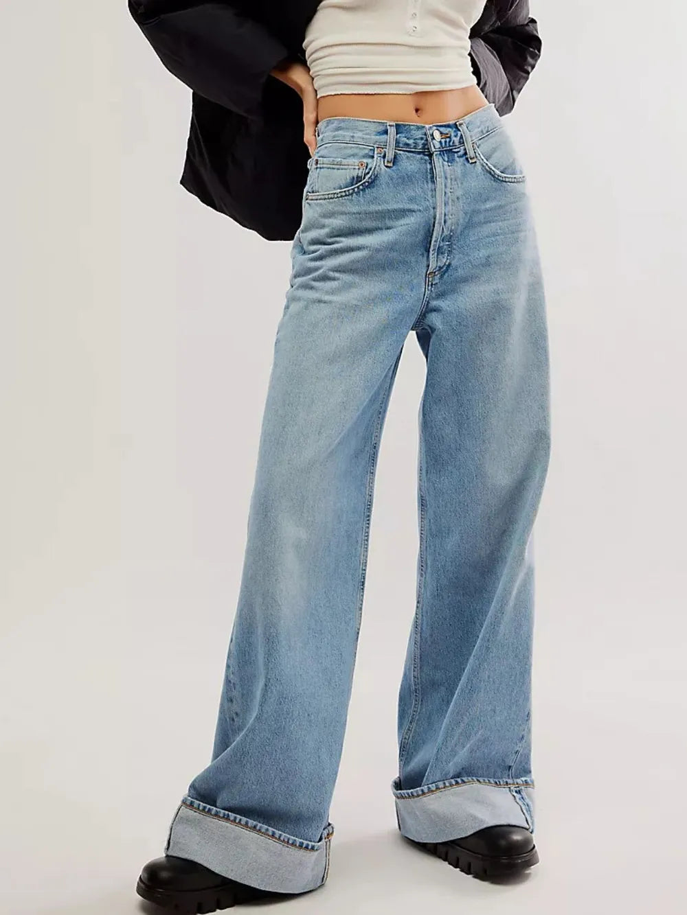 Cuffed Jeans with Pockets – Trendsi | ClozArt