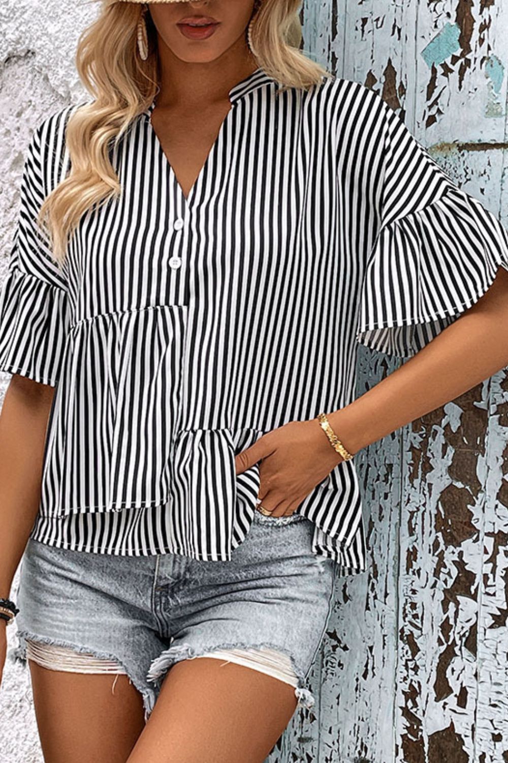 Perfee Striped Asymmetrical Flounce Sleeve Blouse – Trendsi | ClozArt
