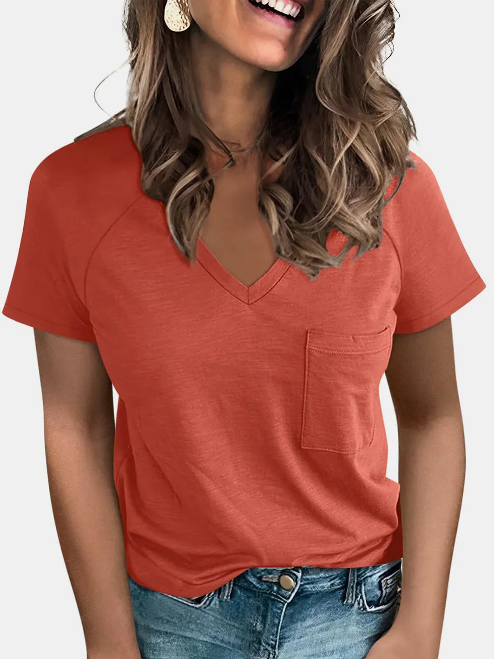 Pocketed V-Neck Short Sleeve T-Shirt – Trendsi | ClozArt