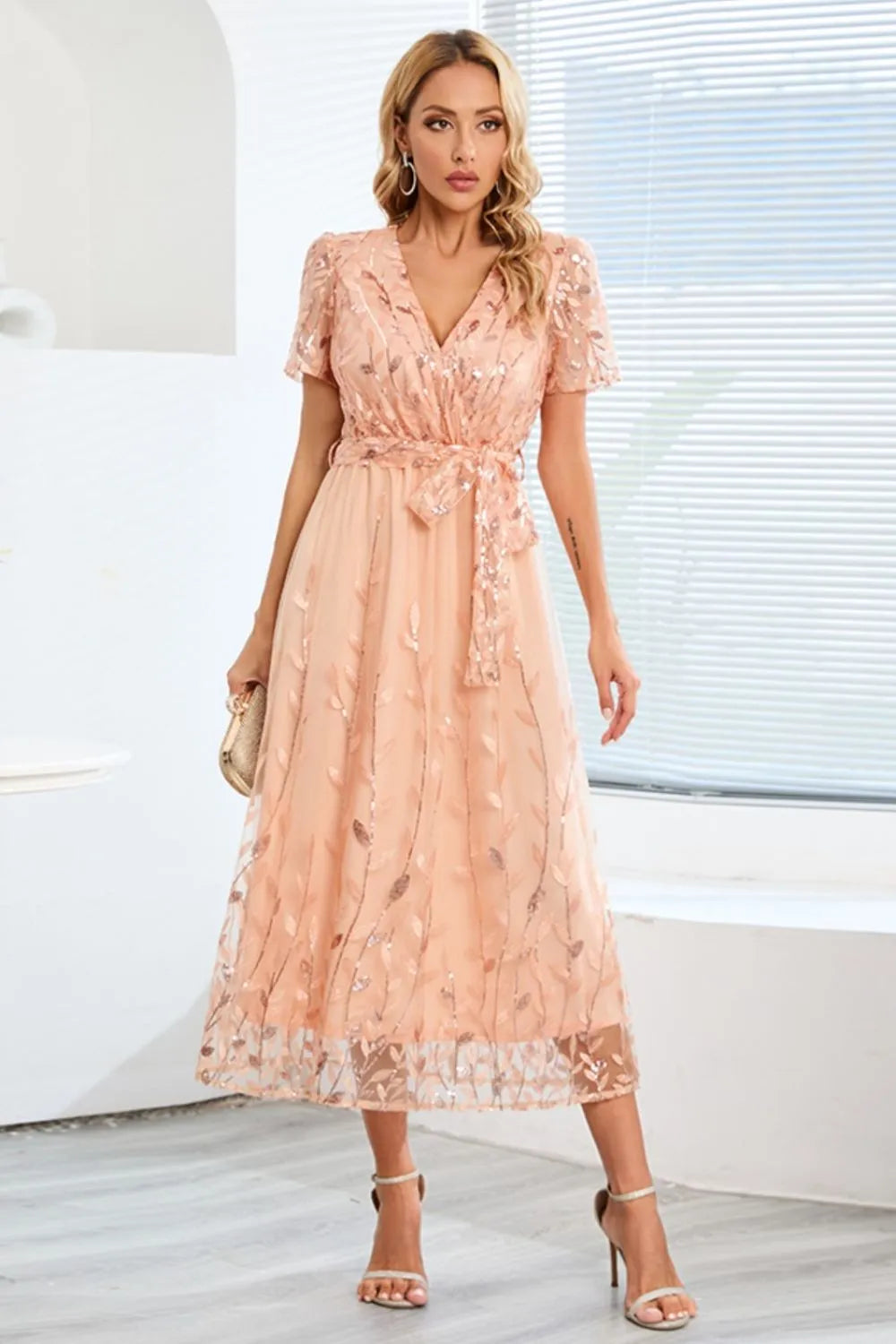 Sequin Leaf Embroidery Tie Front Short Sleeve Dress – Trendsi | ClozArt