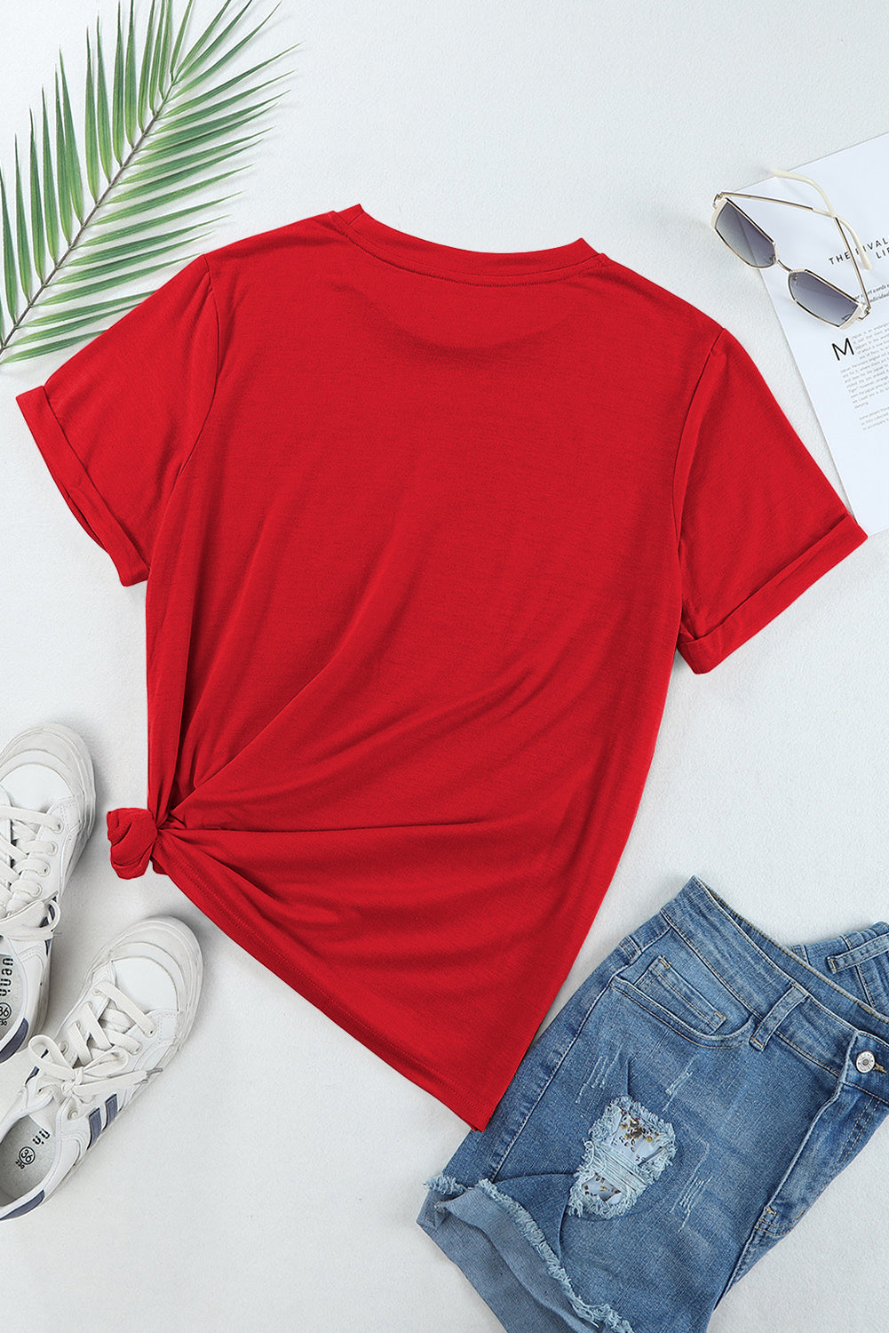 Red Solid Color Basic Crew Neck Plain Tee – Shewin | ClozArt