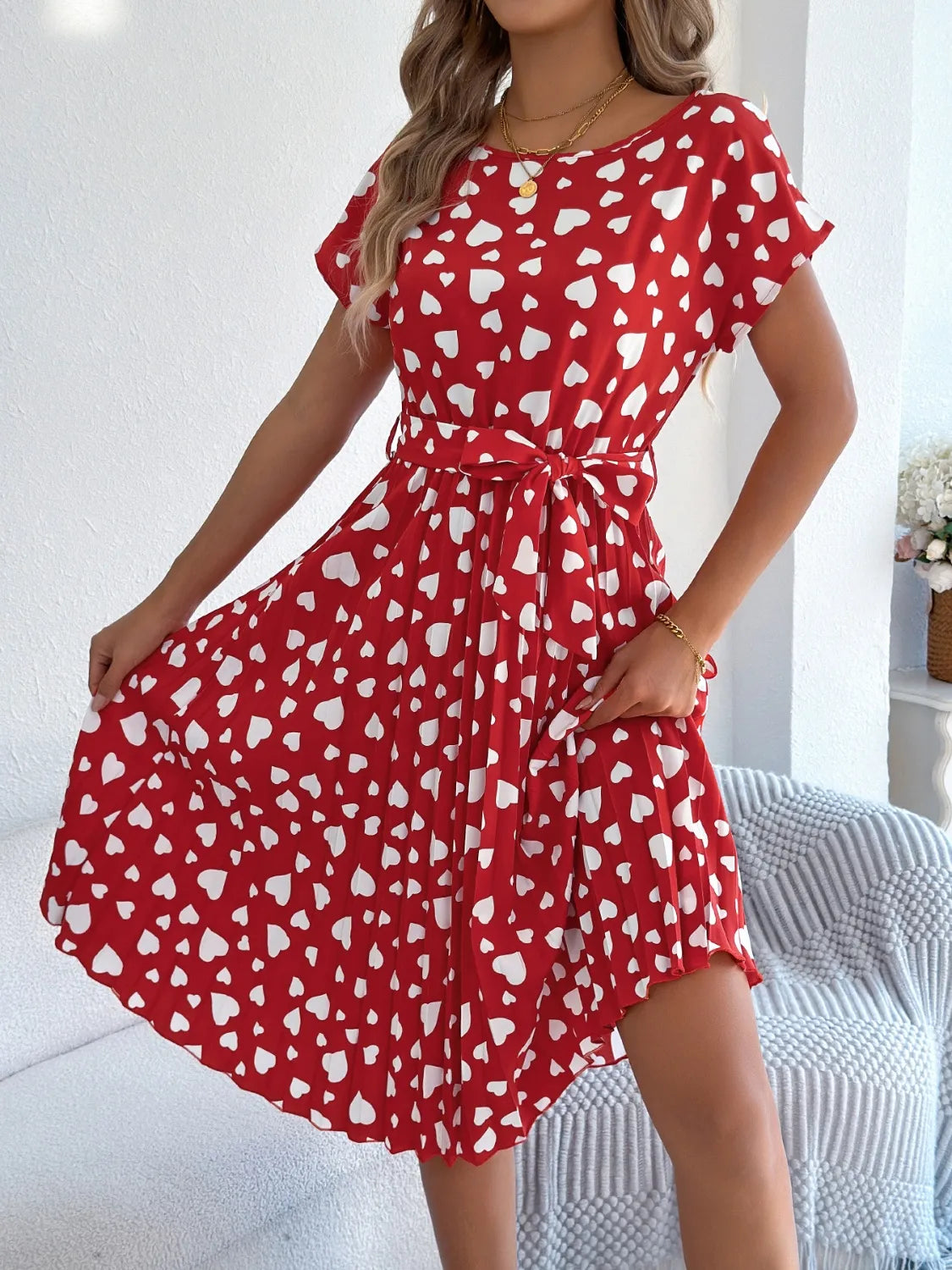 Heart Print Short Sleeve Tie Waist Dress – Trendsi | ClozArt
