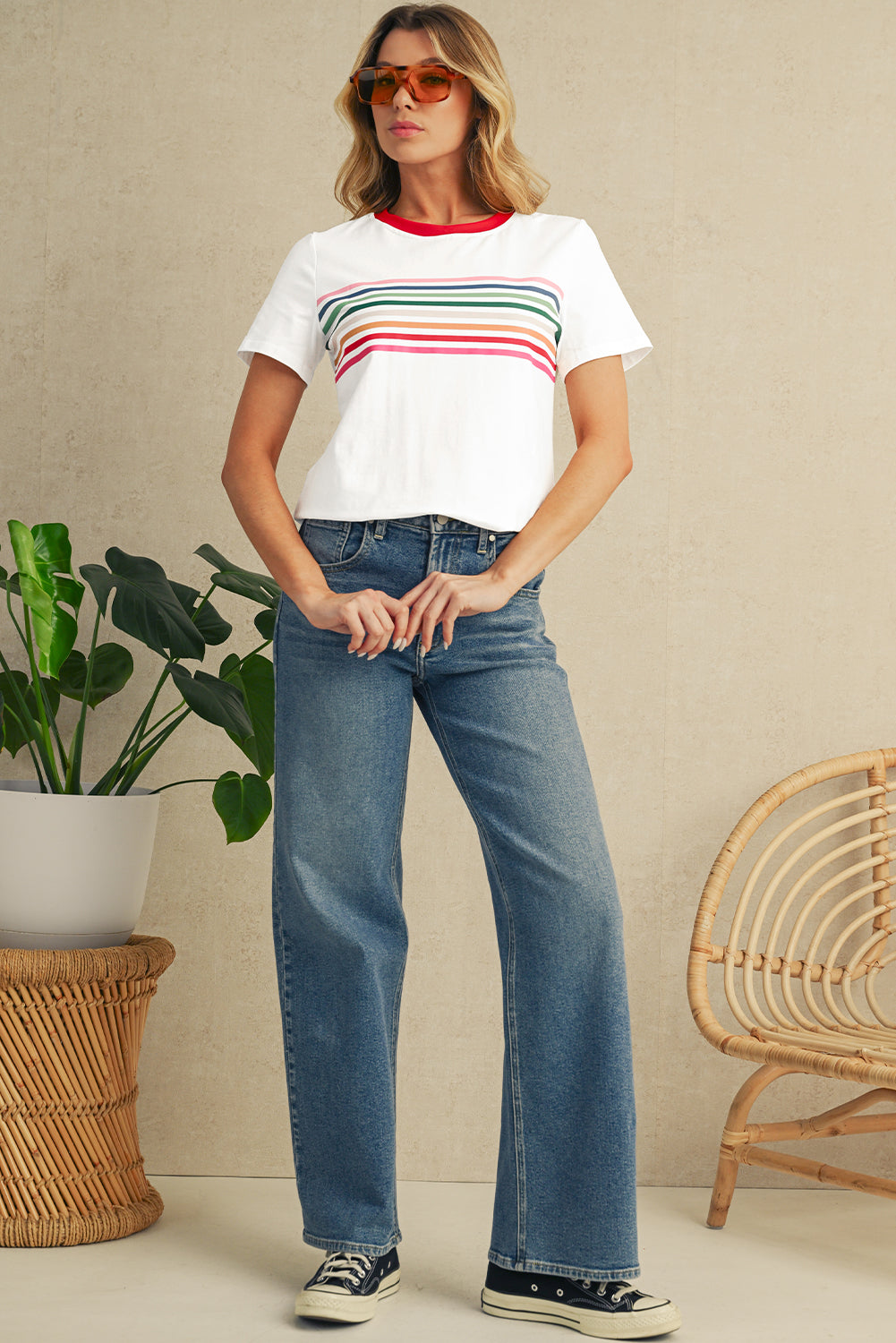 White Rainbow Stripe Print Crewneck T Shirt – Shewin | ClozArt