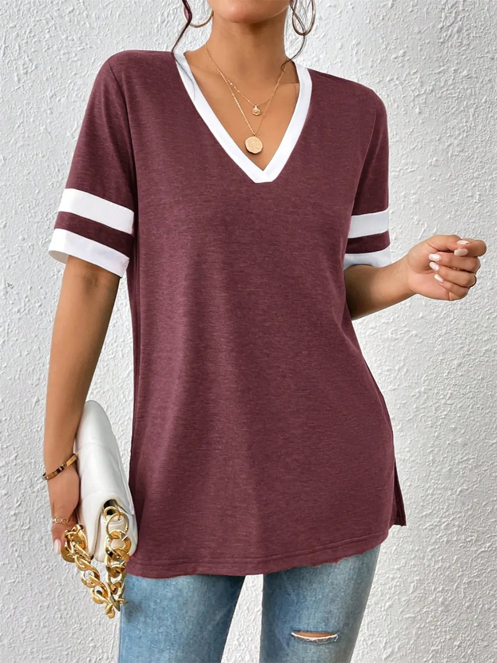 Contrast Trim V-Neck Short Sleeve T-Shirt – Trendsi | ClozArt