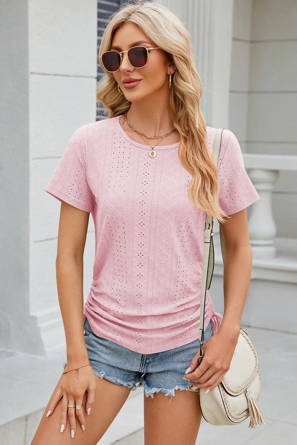 Eyelet Round Neck Short Sleeve T-Shirt – Trendsi | ClozArt