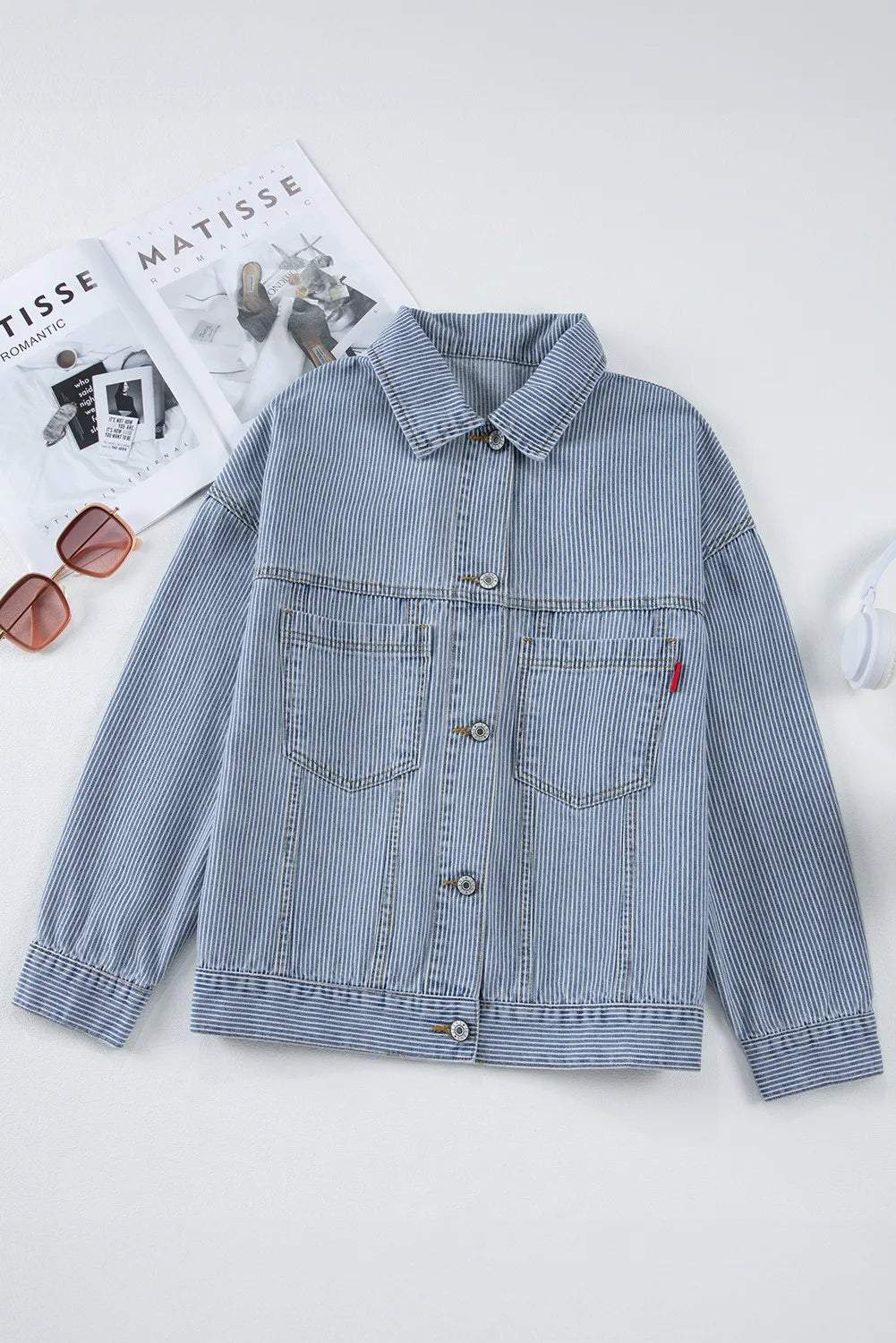 Striped Button Up Long Sleeve Denim Jacket – Trendsi | ClozArt