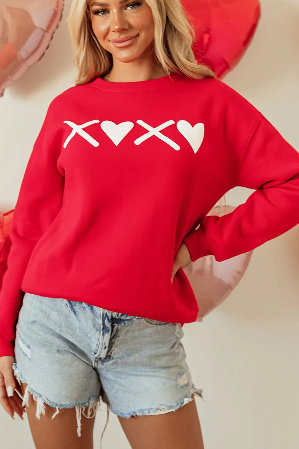 Valentine’s Day XOXO Round Neck Drop Shoulder Sweatshirt – Trendsi | ClozArt