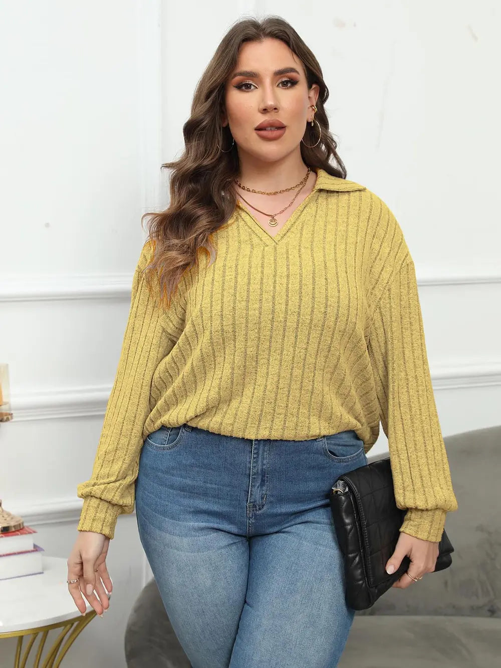 Plus Size Ribbed Collared Neck Long Sleeve Blouse – Trendsi | ClozArt
