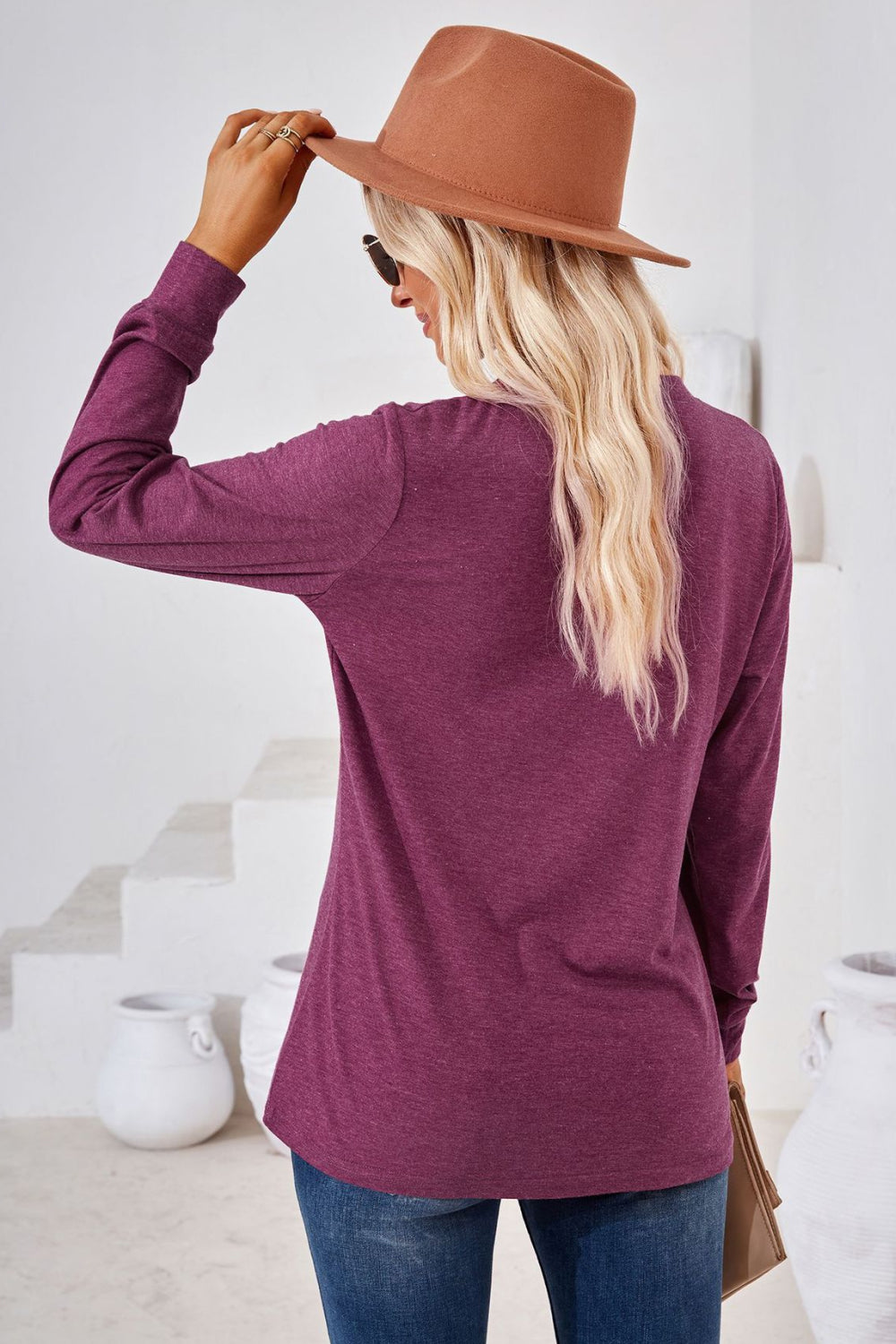 V-Neck Buttoned Long Sleeve Blouse – Trendsi | ClozArt
