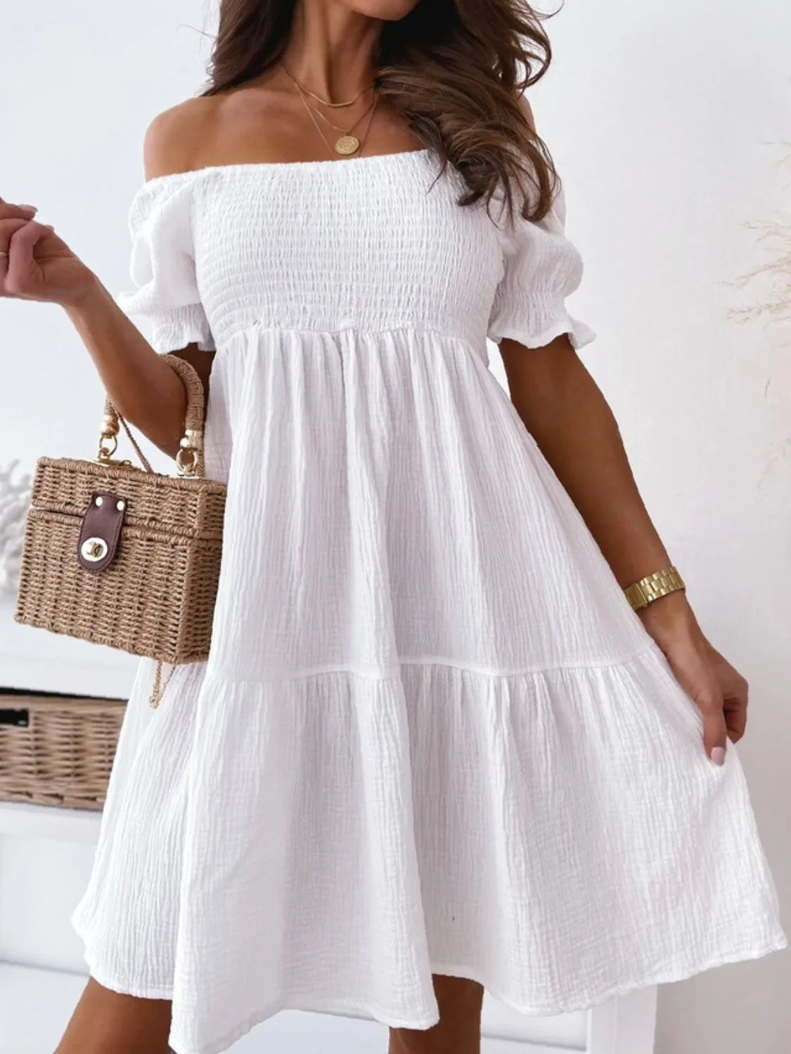 Smocked Off-Shoulder Mini Dress – Trendsi | ClozArt