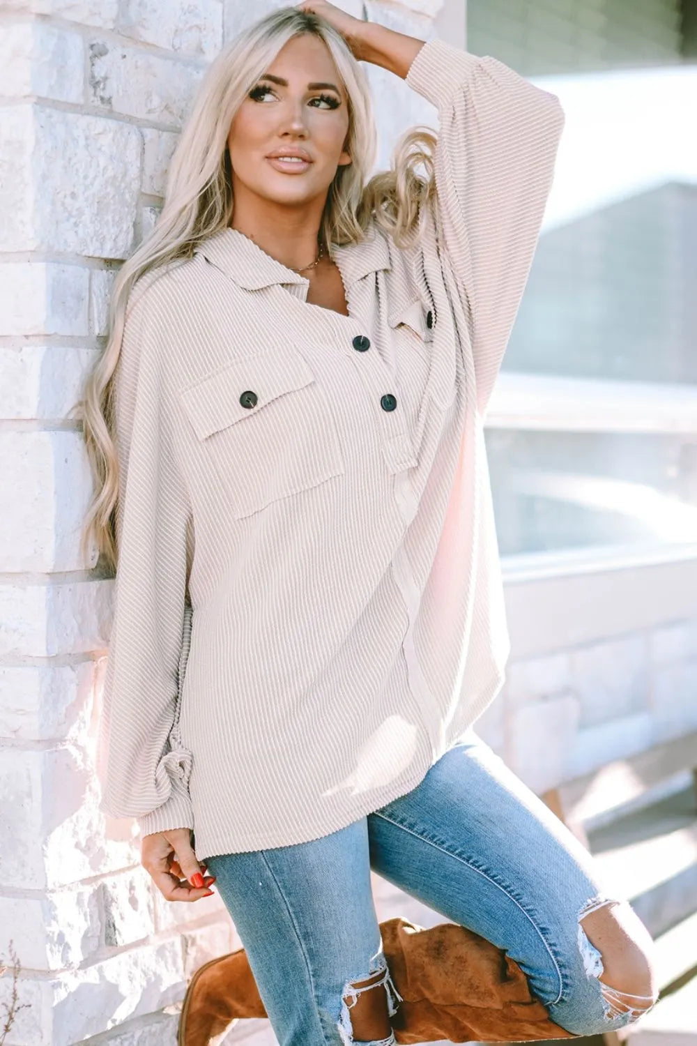 Collared Neck Half Button Long Sleeve Blouse – Trendsi | ClozArt