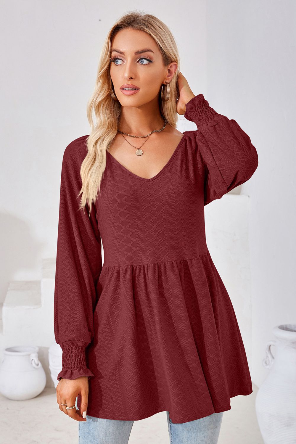 V-Neck Lantern Sleeve Blouse – Trendsi | ClozArt
