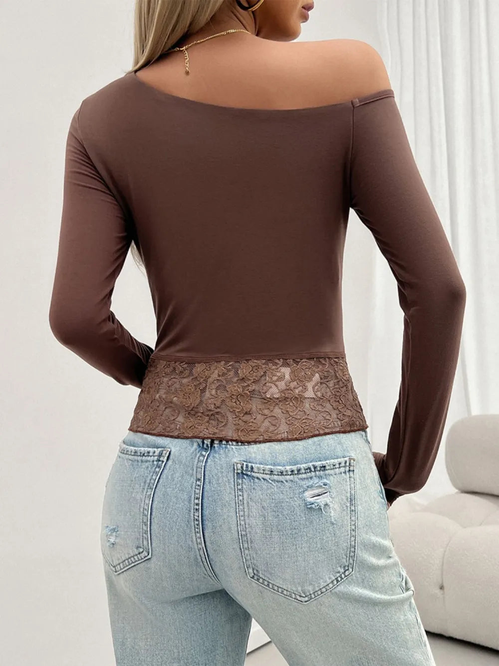 Devine Single Shoulder Long Sleeve Lace T-Shirt – Trendsi | ClozArt