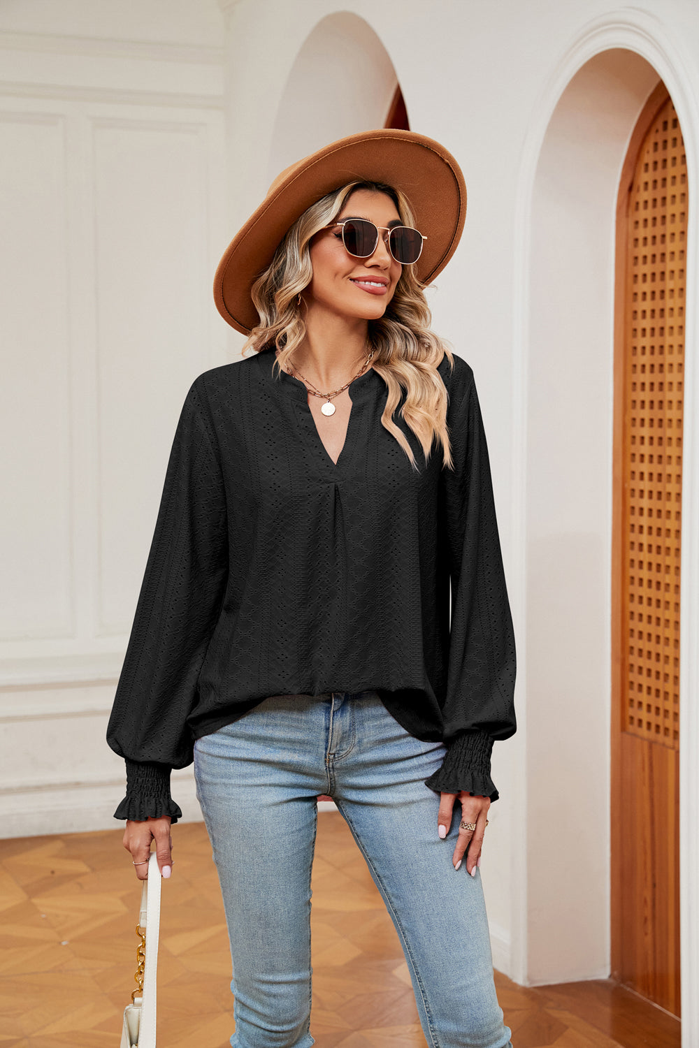 Notched Neck Flounce Sleeve Blouse – Trendsi | ClozArt