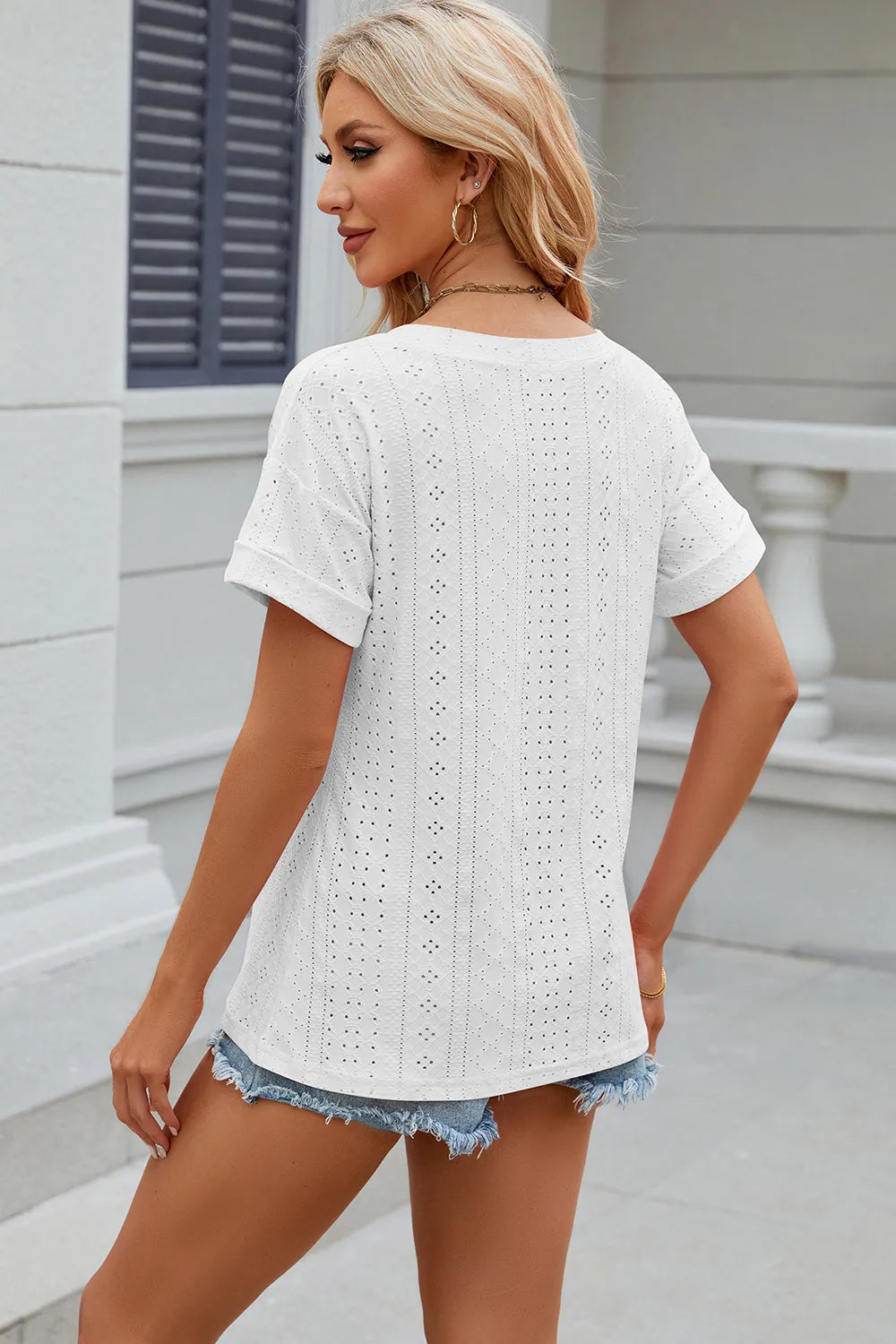 Eyelet V-Neck Short Sleeve T-Shirt – Trendsi | ClozArt