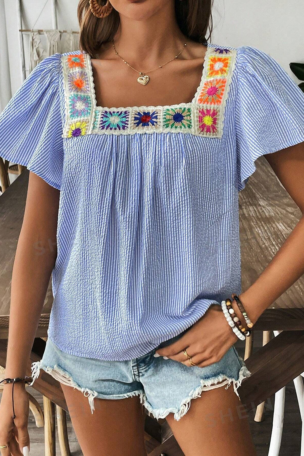 Sky Blue Striped Crochet Applique Boho Blouse – Shewin | ClozArt