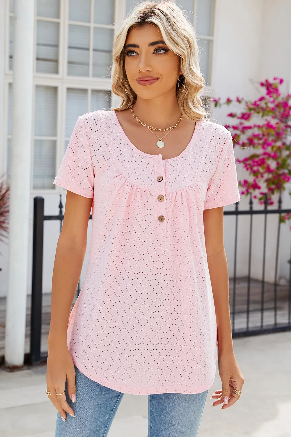 Eyelet Quarter Button Short Sleeve T-Shirt – Trendsi | ClozArt