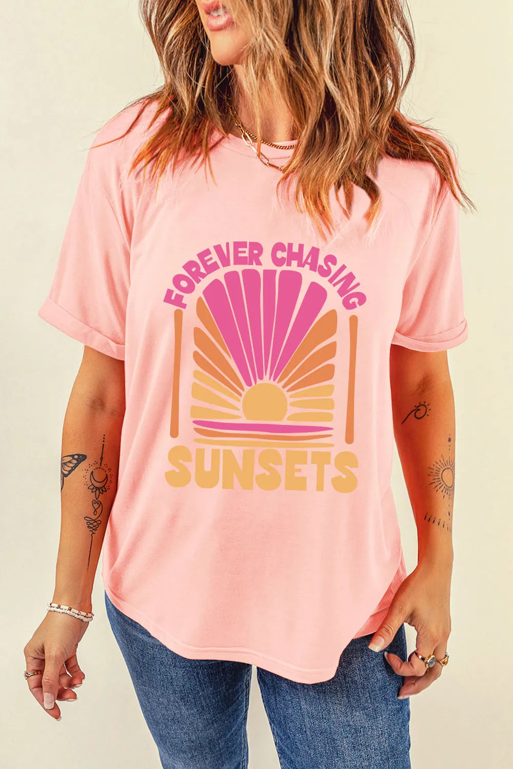 FOREVER CHASING SUNSETS Round Neck T-Shirt – Trendsi | ClozArt