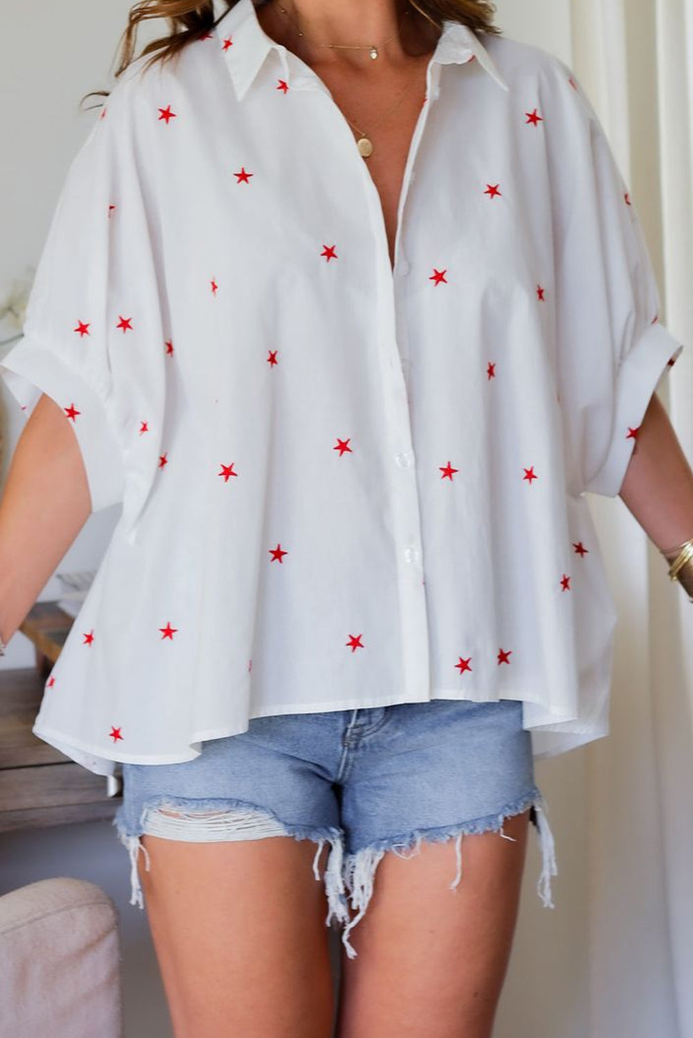 White Stars Half Puff Sleeve Loose Shirt – Shewin | ClozArt