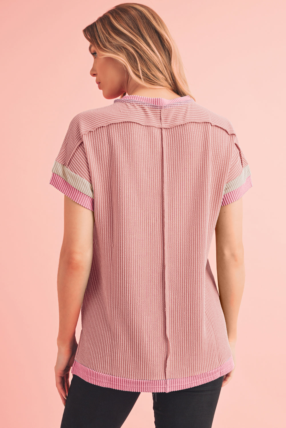 Bright Pink Textured Contrast Color Round Neck T Shirt – Shewin | ClozArt