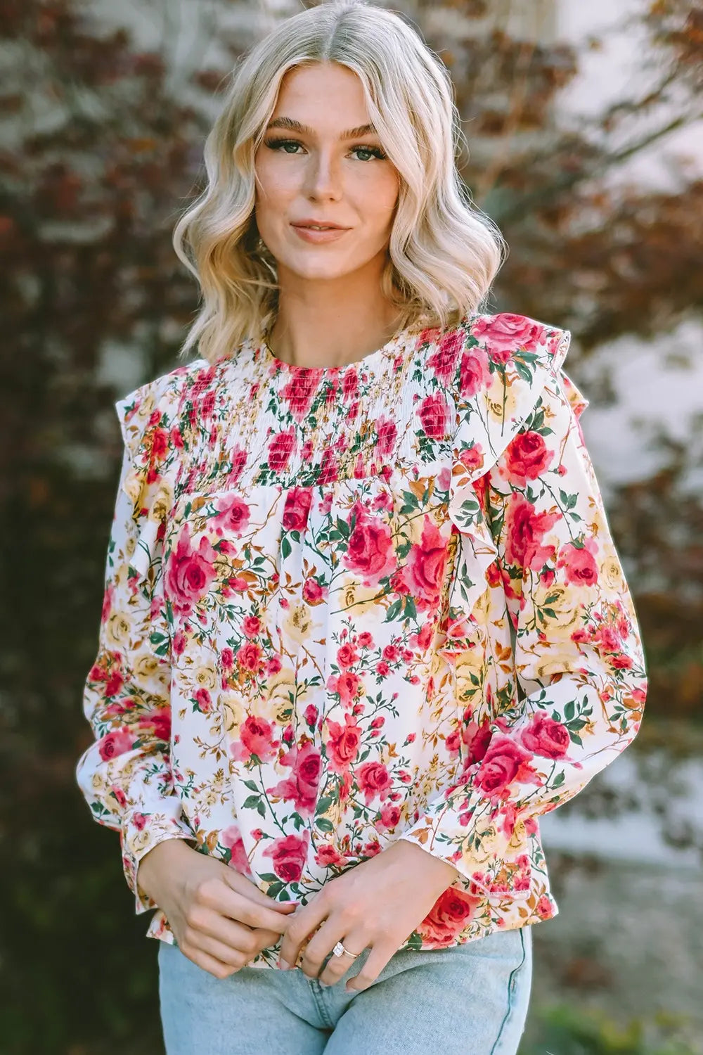 Floral Round Neck Smocked Blouse – Trendsi | ClozArt