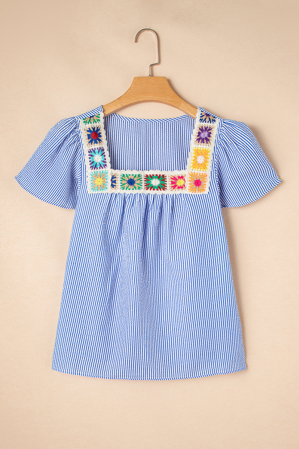 Sky Blue Striped Crochet Applique Boho Blouse – Shewin | ClozArt