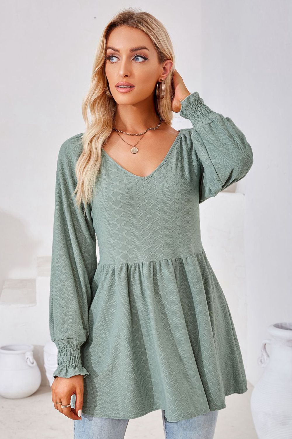 V-Neck Lantern Sleeve Blouse – Trendsi | ClozArt