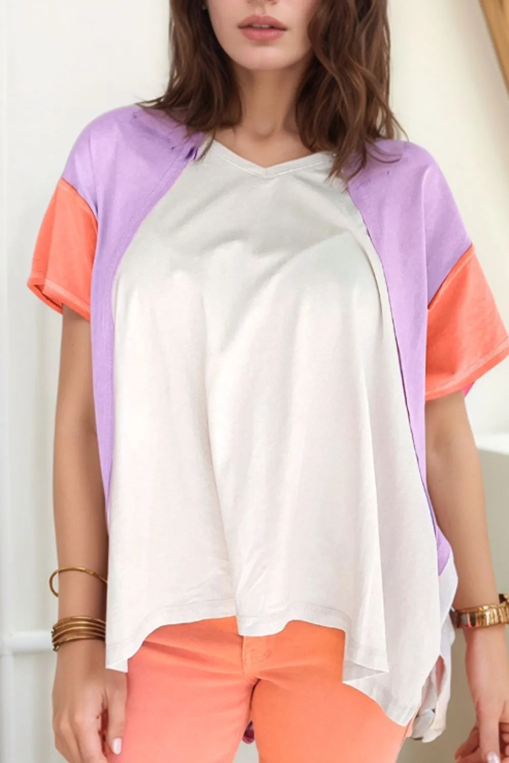 Color Block Patchwork V Neck Exposed Seam High Low T Shirt – Trendsi | ClozArt