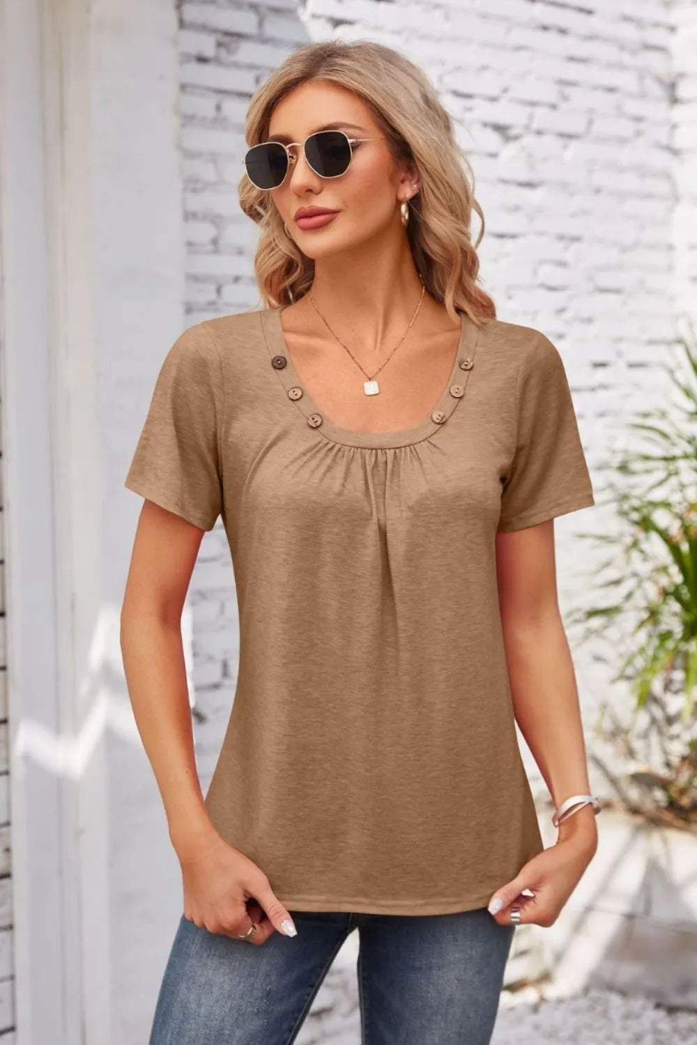Decorative Button Scoop Neck T-Shirt – Trendsi | ClozArt