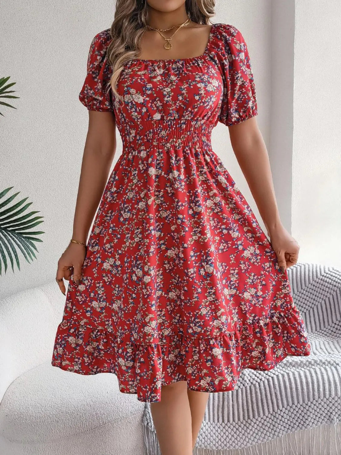 Ruffled Hem Floral Puff Sleeve Dress – Trendsi | ClozArt