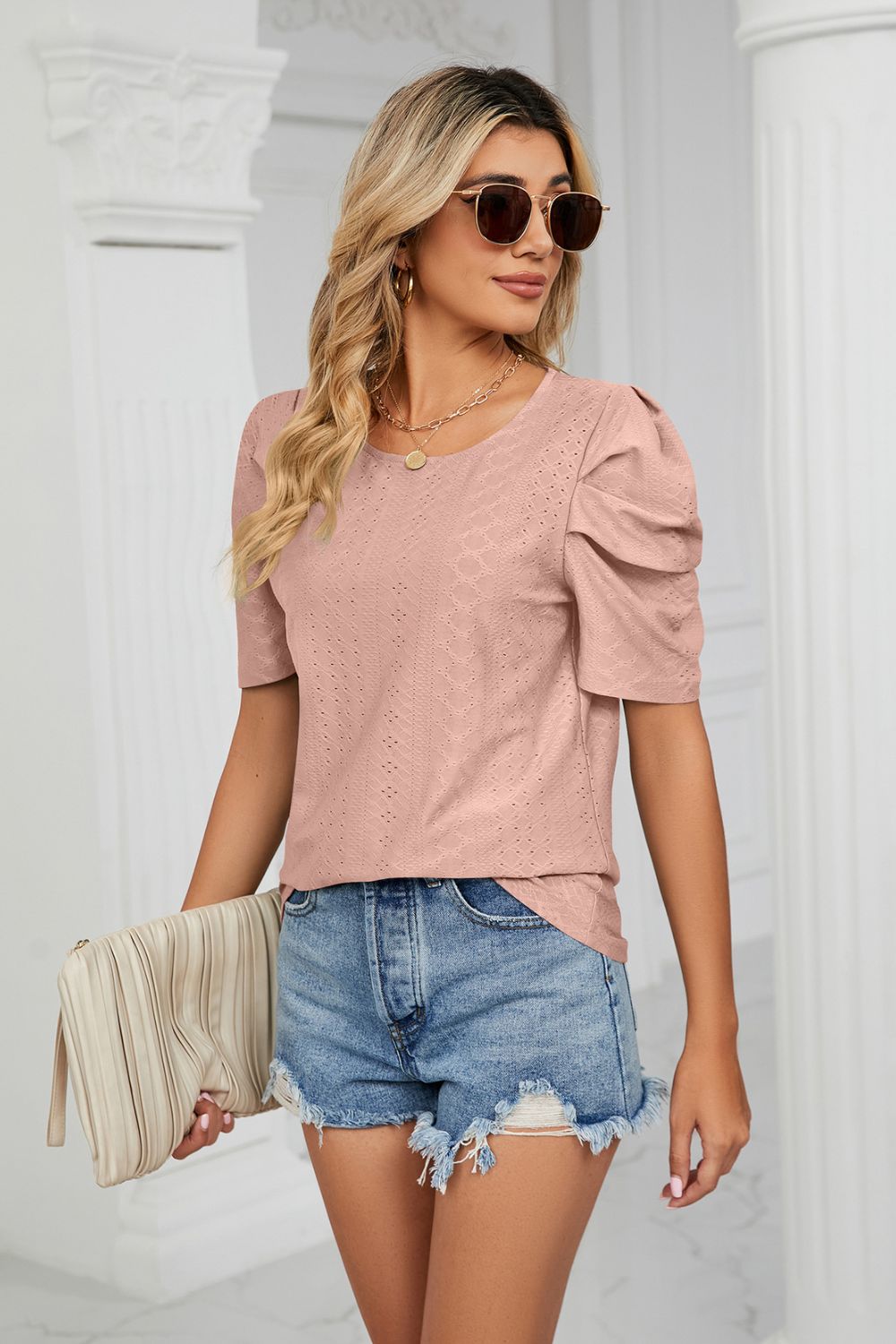 Eyelet Puff Sleeve Round Neck Blouse – Trendsi | ClozArt