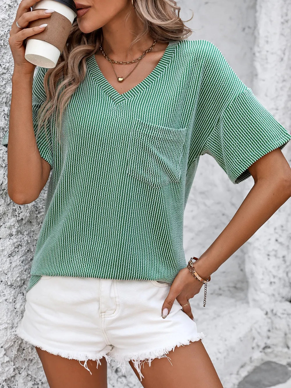 Mandy V-Neck Dropped Shoulder T-Shirt – Trendsi | ClozArt