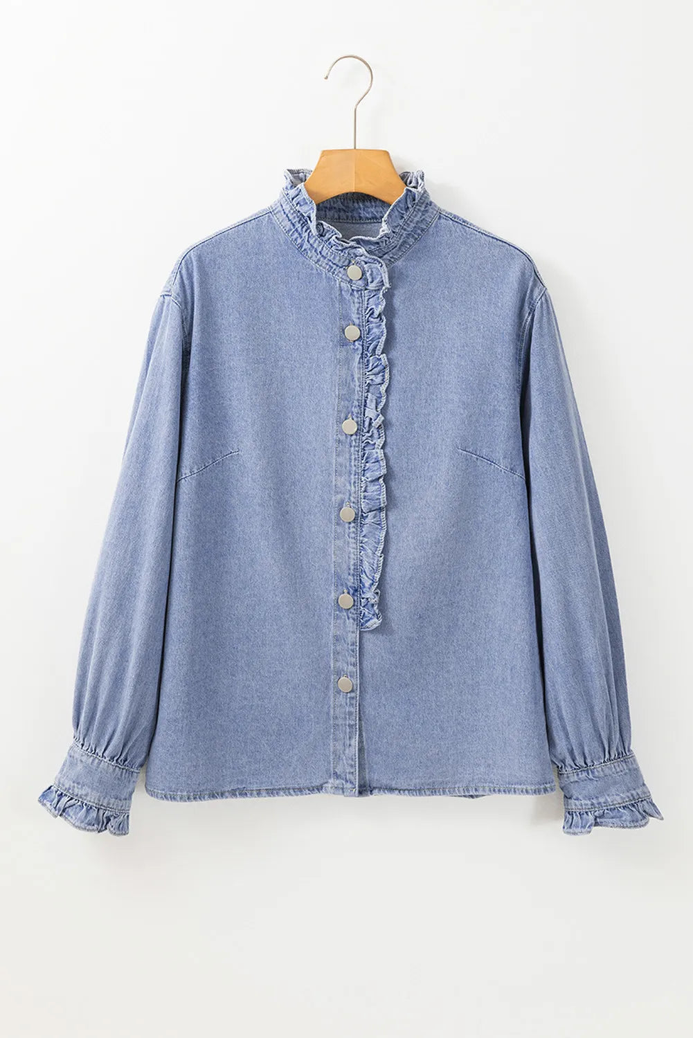 Frill Button Up Long Sleeve Denim Top – Trendsi | ClozArt