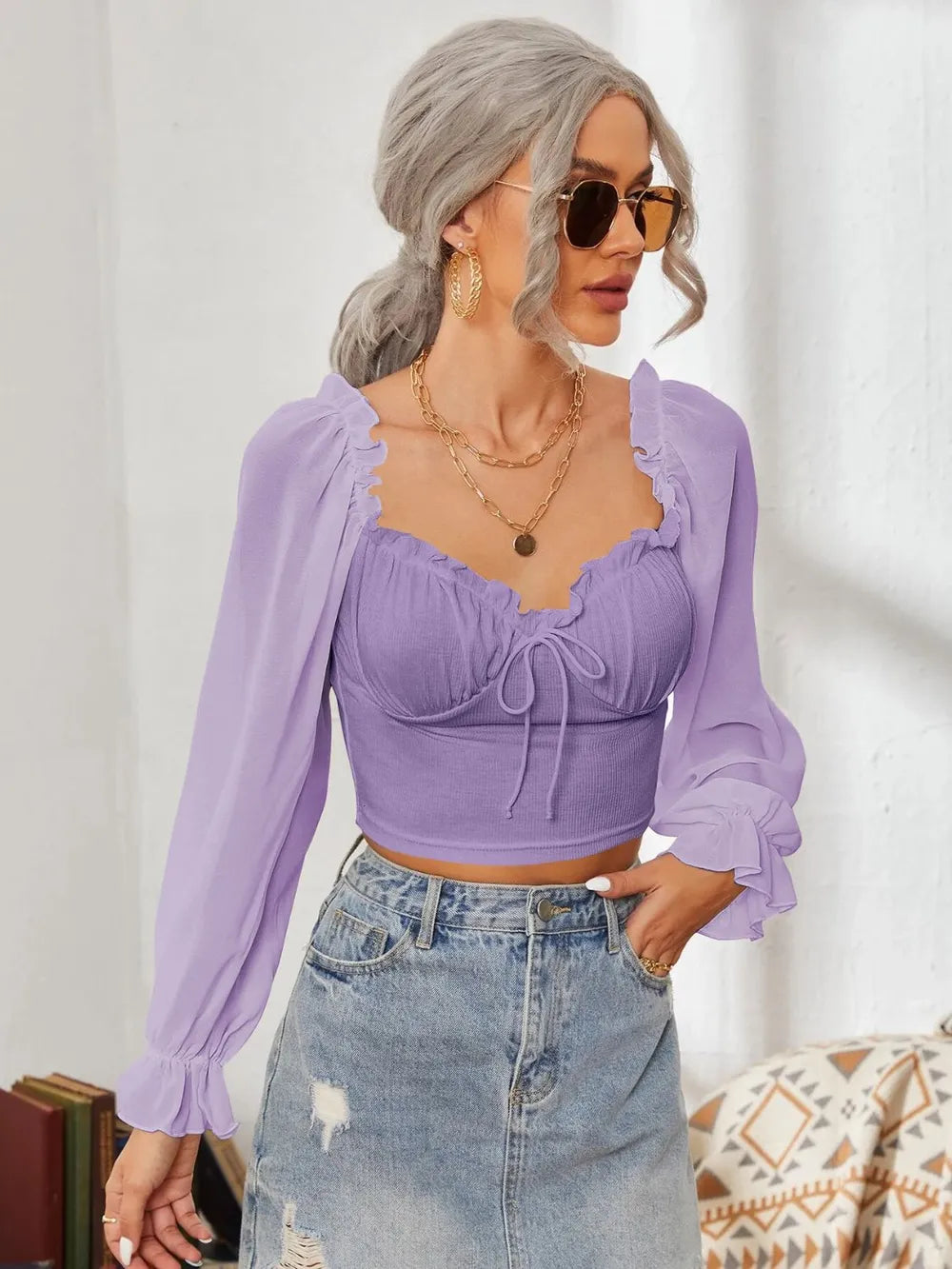 Mesh Sweetheart Neck Flounce Sleeve Top – Trendsi | ClozArt