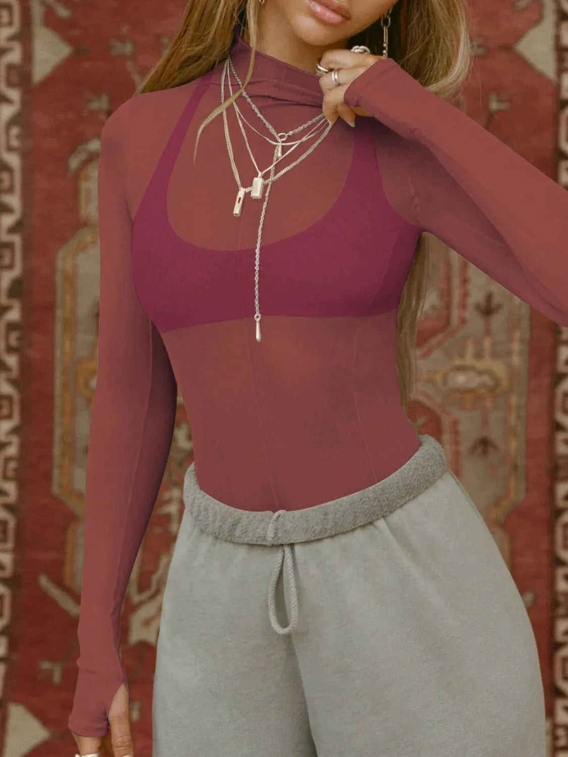 Mock Neck Long Sleeve Sheer Top – Trendsi | ClozArt