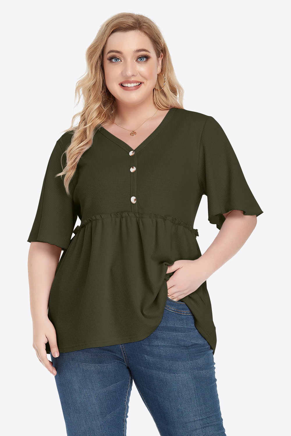 Plus Size Buttoned V-Neck Frill Trim Babydoll Blouse – Trendsi | ClozArt