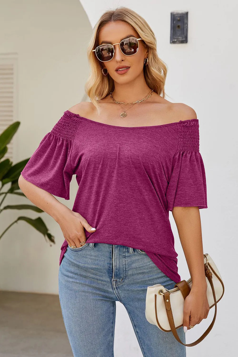 Smocked Round Neck Flutter Sleeve T-Shirt – Trendsi | ClozArt