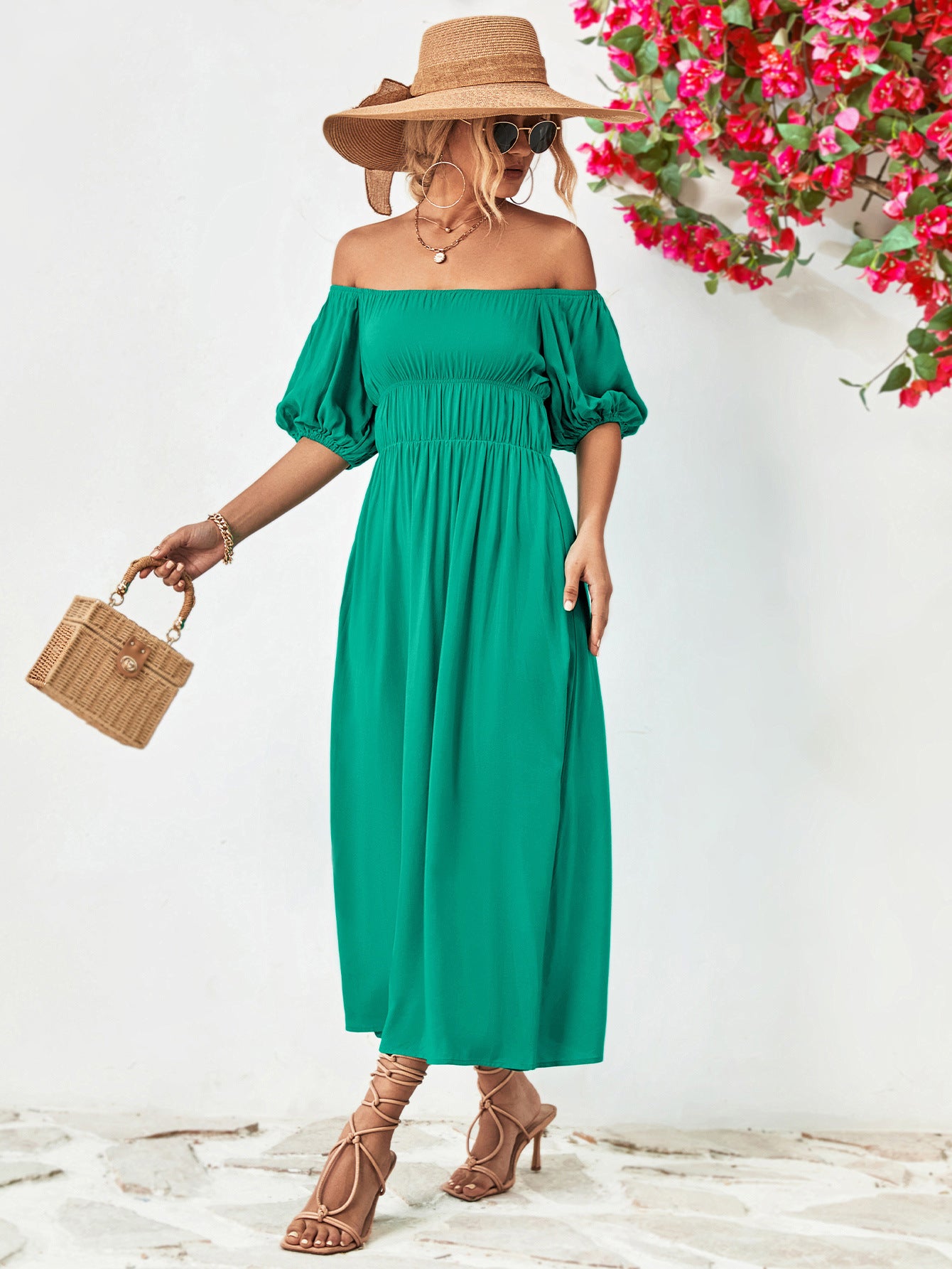 Off-Shoulder Balloon Sleeve Midi Dress – Trendsi | ClozArt