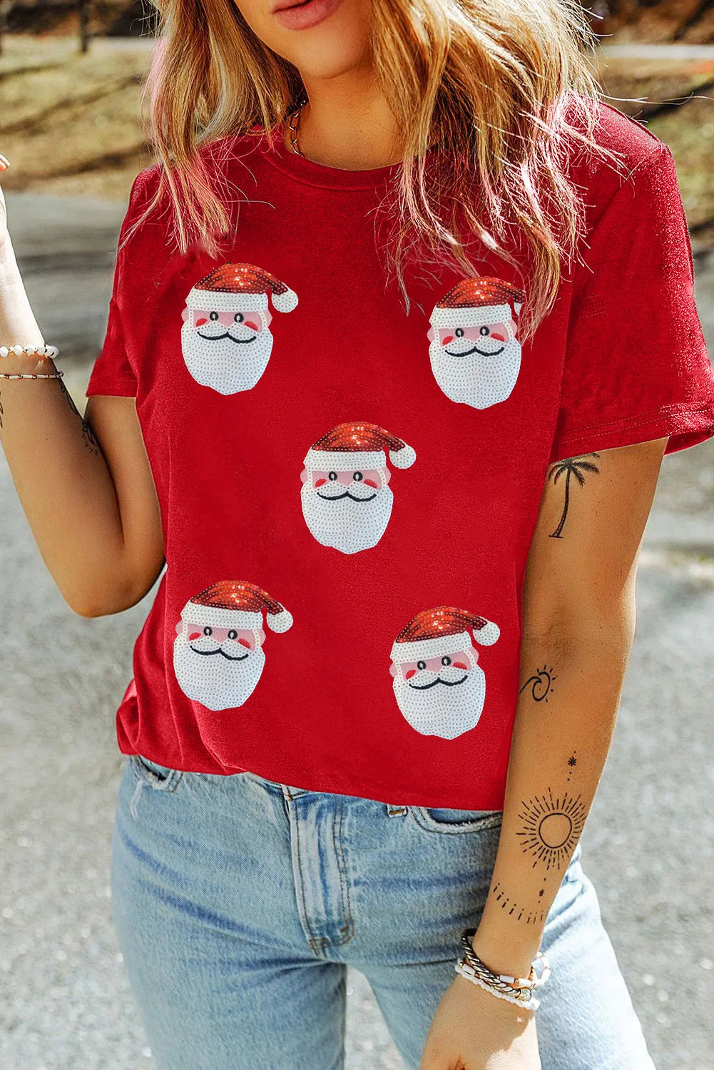 Sequin Santa Round Neck Short Sleeve T-Shirt – Trendsi | ClozArt