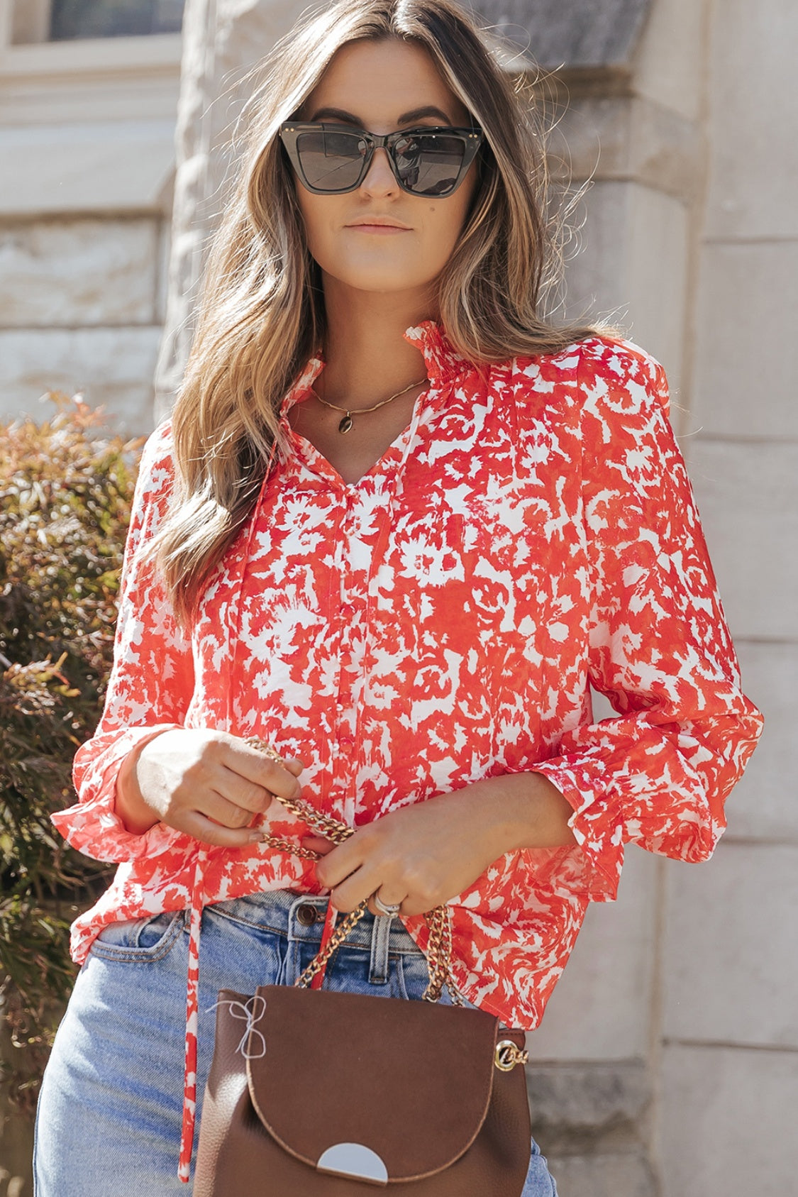 Printed Tie Neck Flounce Sleeve Blouse – Trendsi | ClozArt