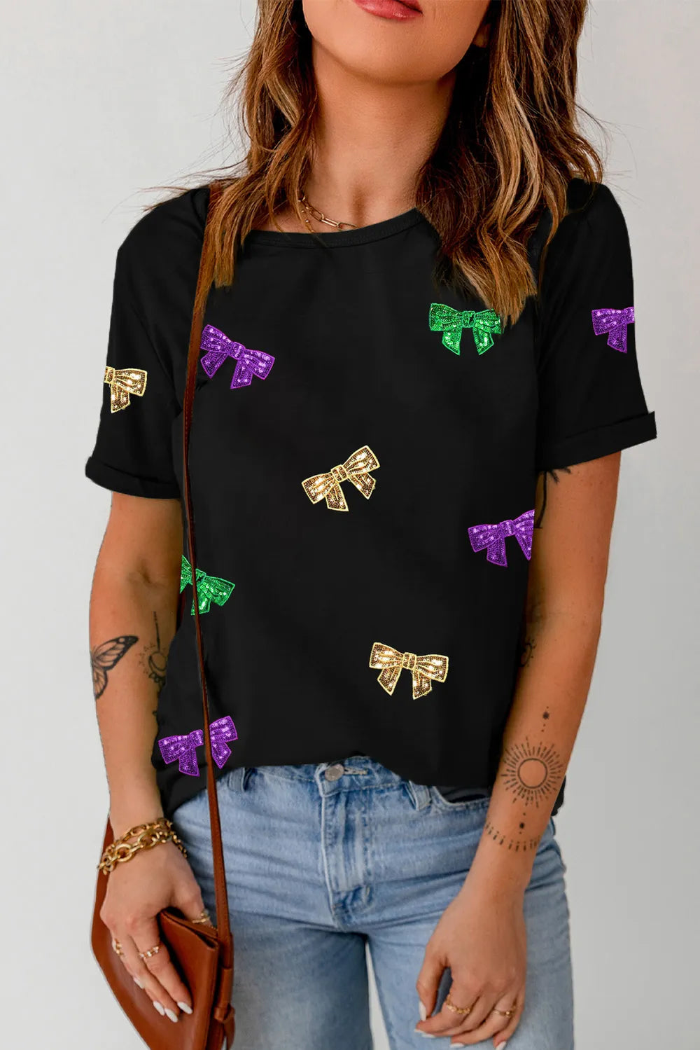 Bow Print Sequin Round Neck Short Sleeve T-Shirt – Trendsi | ClozArt