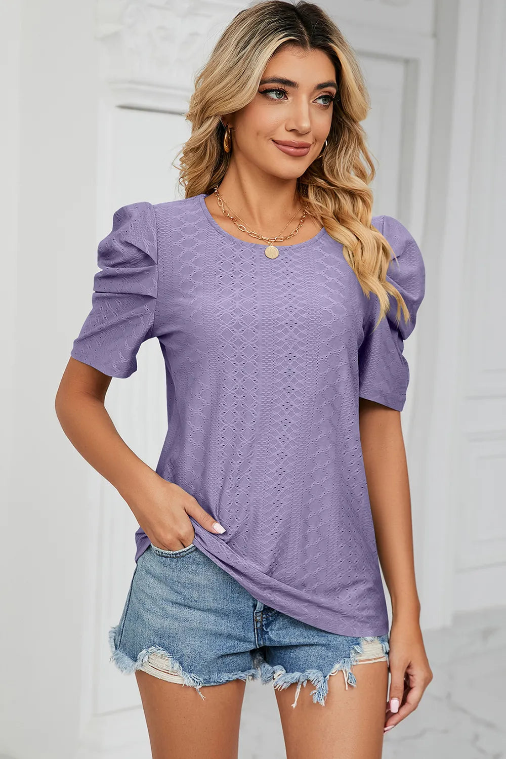 Eyelet Round Neck Puff Sleeve T-Shirt – Trendsi | ClozArt