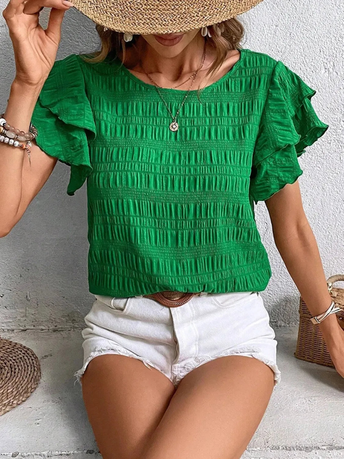 Round Neck Ruffled Short Sleeve Top – Trendsi | ClozArt