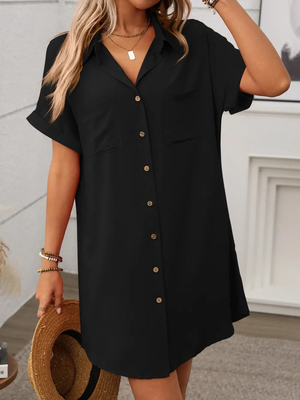 Button Down Short Sleeve Mini Dress – Trendsi | ClozArt