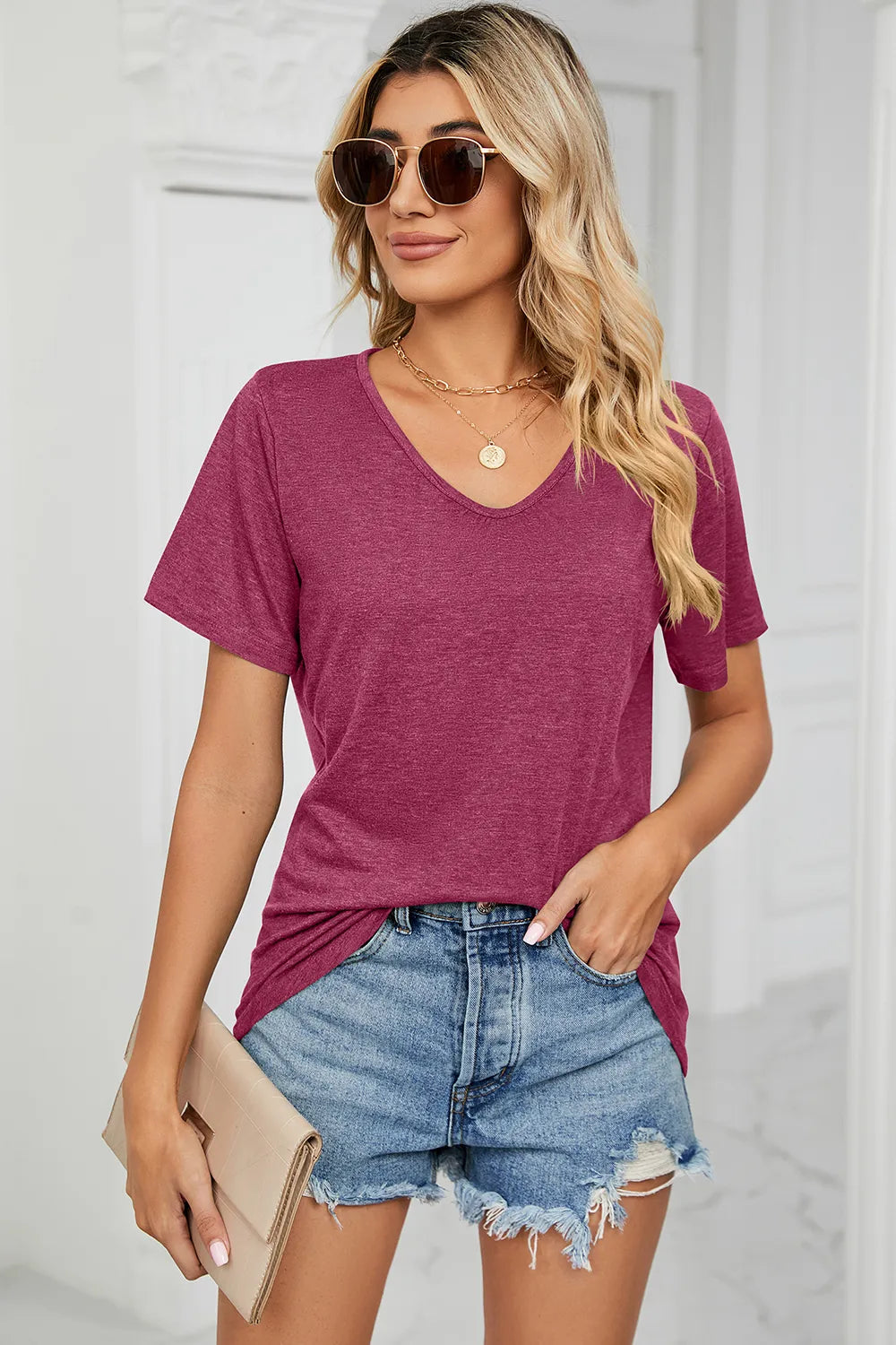 V-Neck Short Sleeve T-Shirt – Trendsi | ClozArt